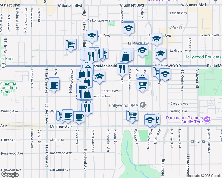 map of restaurants, bars, coffee shops, grocery stores, and more near 6555 Barton Avenue in Los Angeles