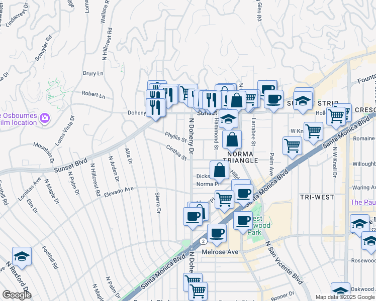 map of restaurants, bars, coffee shops, grocery stores, and more near 807 North Doheny Drive in Beverly Hills