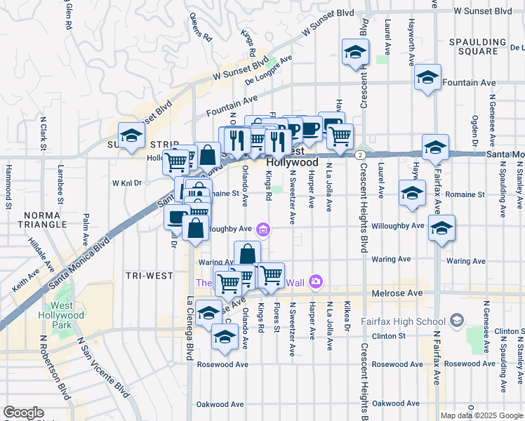 map of restaurants, bars, coffee shops, grocery stores, and more near 927 Kings Road in West Hollywood