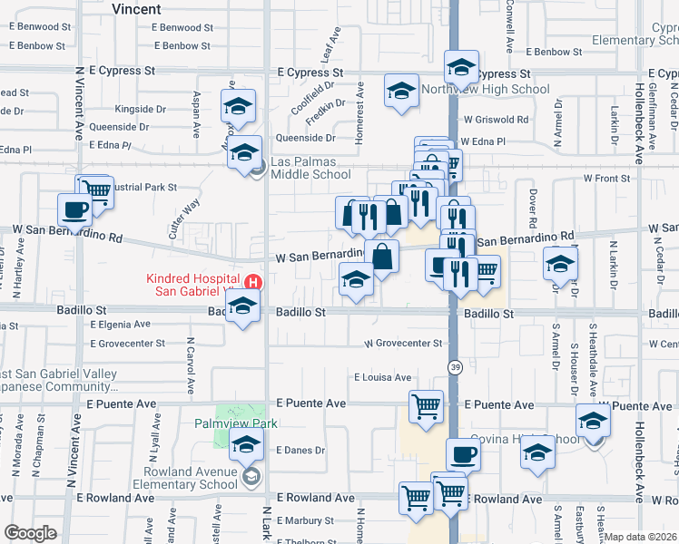 map of restaurants, bars, coffee shops, grocery stores, and more near 1143 West Badillo Street in Covina