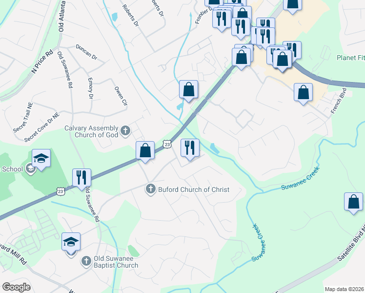 map of restaurants, bars, coffee shops, grocery stores, and more near 4255 Buford Valley Way in Buford
