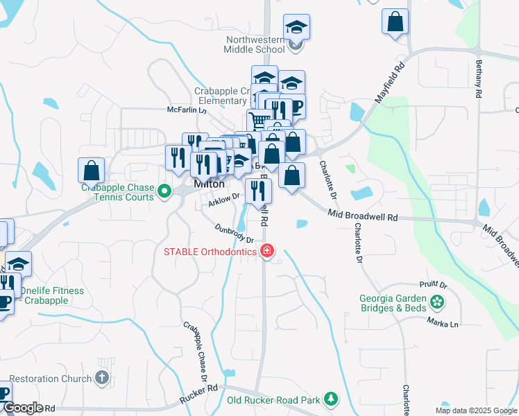 map of restaurants, bars, coffee shops, grocery stores, and more near 12540 Broadwell Road in Milton