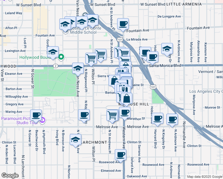 map of restaurants, bars, coffee shops, grocery stores, and more near 5449 Barton Avenue in Los Angeles