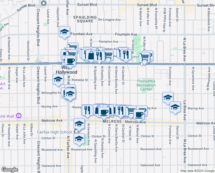 map of restaurants, bars, coffee shops, grocery stores, and more near 925 North Curson Avenue in West Hollywood