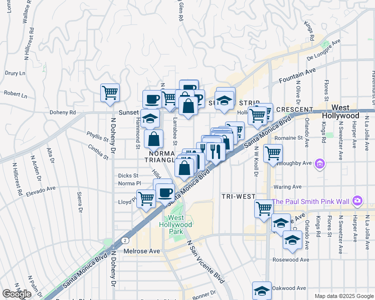 map of restaurants, bars, coffee shops, grocery stores, and more near 909 Palm Avenue in West Hollywood
