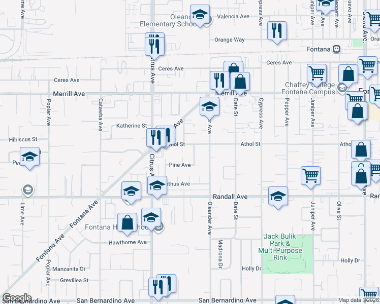 map of restaurants, bars, coffee shops, grocery stores, and more near 9130 Pinyon Avenue in Fontana