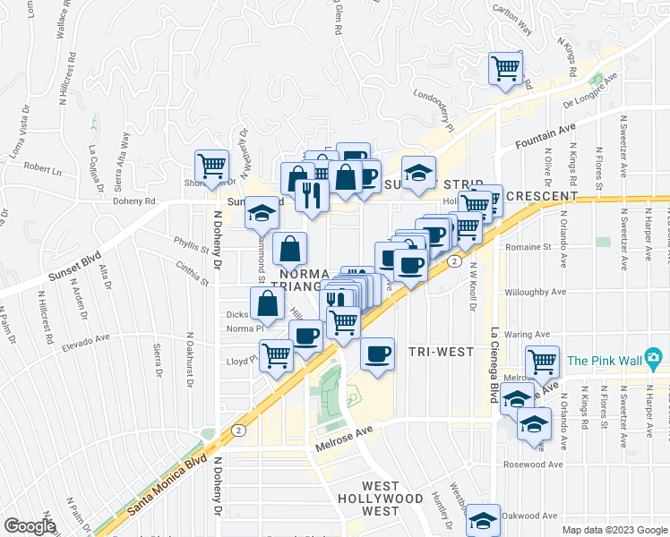 map of restaurants, bars, coffee shops, grocery stores, and more near 8835 Betty Way in West Hollywood