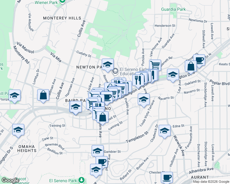 map of restaurants, bars, coffee shops, grocery stores, and more near 3714 Rosemead Avenue in Los Angeles