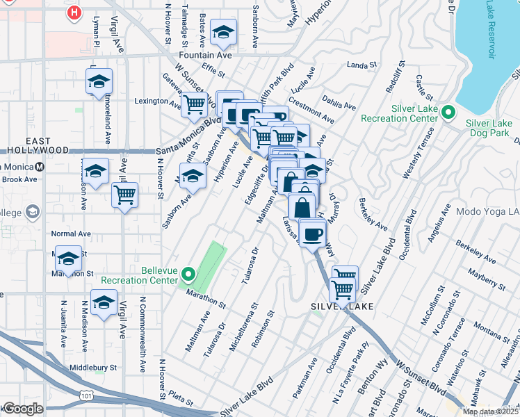 map of restaurants, bars, coffee shops, grocery stores, and more near 3459 Winslow Drive in Los Angeles