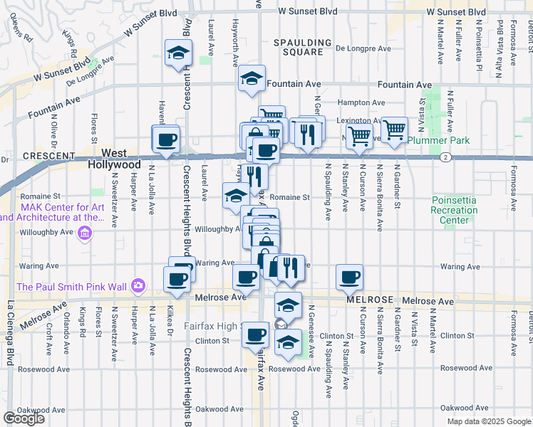 map of restaurants, bars, coffee shops, grocery stores, and more near 920 North Fairfax Avenue in West Hollywood