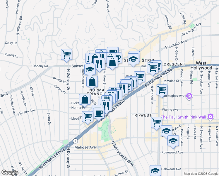 map of restaurants, bars, coffee shops, grocery stores, and more near 8823 Betty Way in West Hollywood