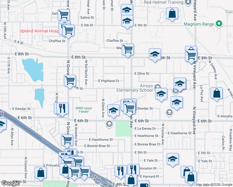 map of restaurants, bars, coffee shops, grocery stores, and more near 1630 North Humboldt Avenue in Ontario