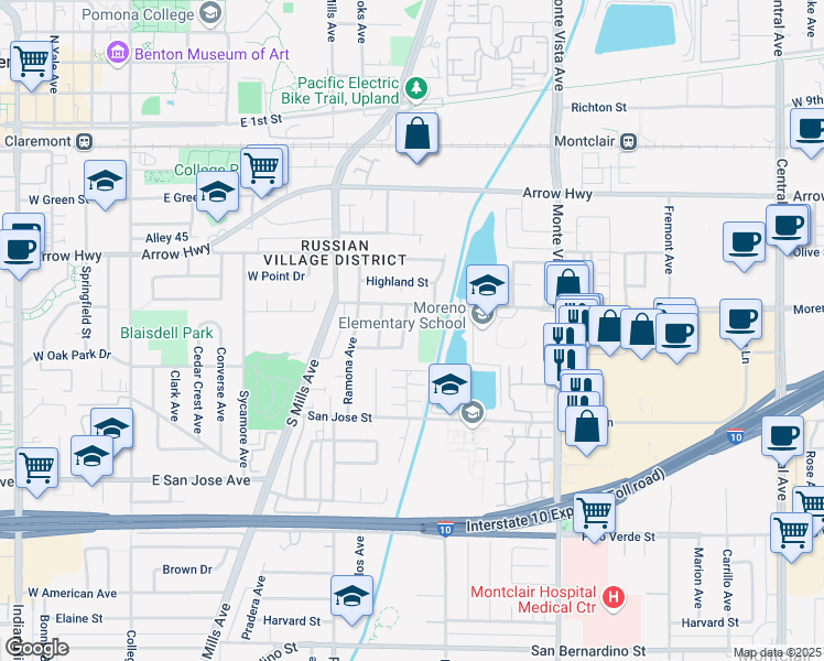 map of restaurants, bars, coffee shops, grocery stores, and more near 9187 Felipe Avenue in Montclair