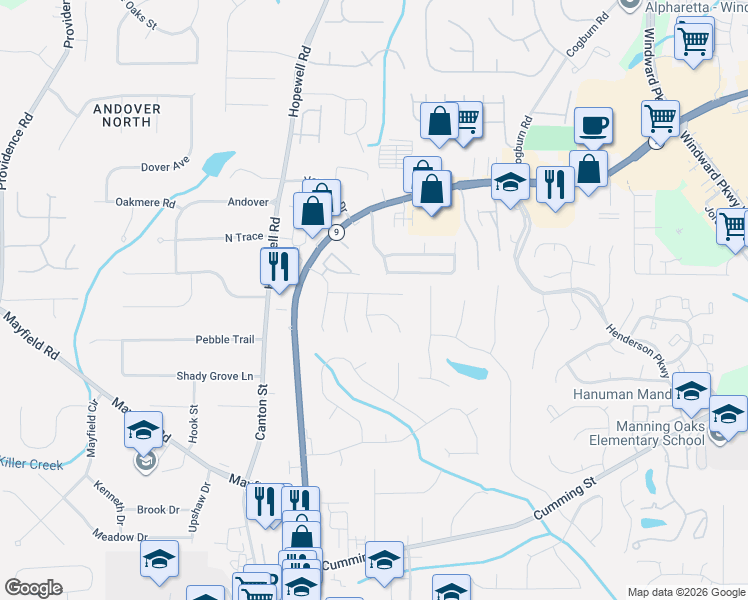map of restaurants, bars, coffee shops, grocery stores, and more near 4025 Weatherford Circle in Alpharetta
