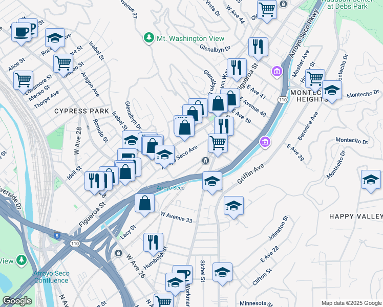 map of restaurants, bars, coffee shops, grocery stores, and more near 3531 1/2 Marmion Way in Los Angeles