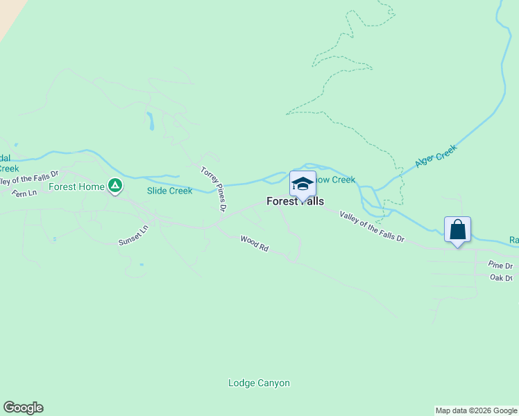 map of restaurants, bars, coffee shops, grocery stores, and more near 40411 Valley of the Falls Drive in Forest Falls