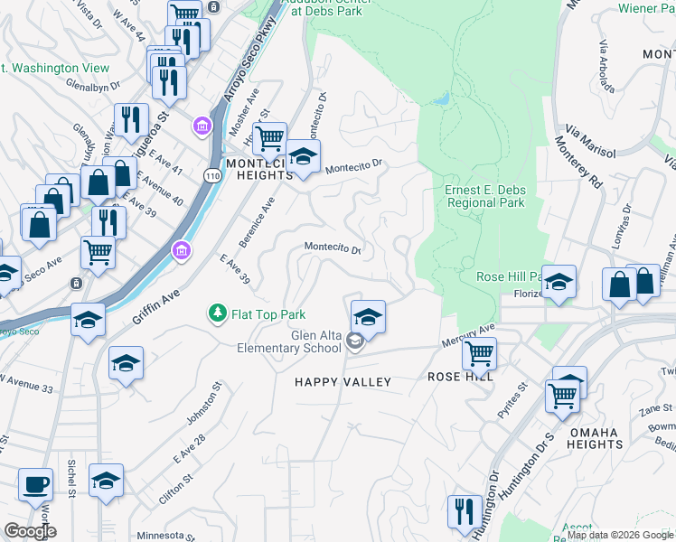 map of restaurants, bars, coffee shops, grocery stores, and more near 1158 Montecito Drive in Los Angeles