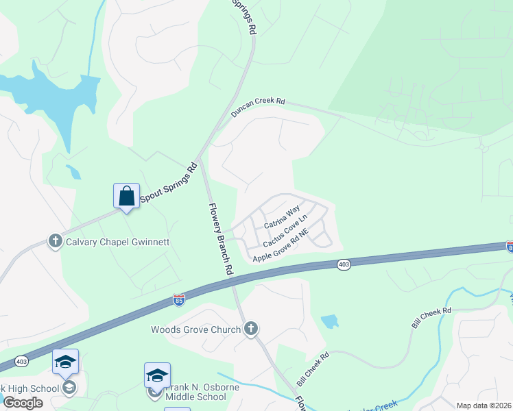 map of restaurants, bars, coffee shops, grocery stores, and more near 5131 Apple Grove Road Northeast in Buford