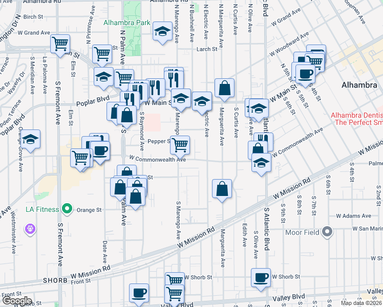 map of restaurants, bars, coffee shops, grocery stores, and more near 300 South Marengo Avenue in Alhambra