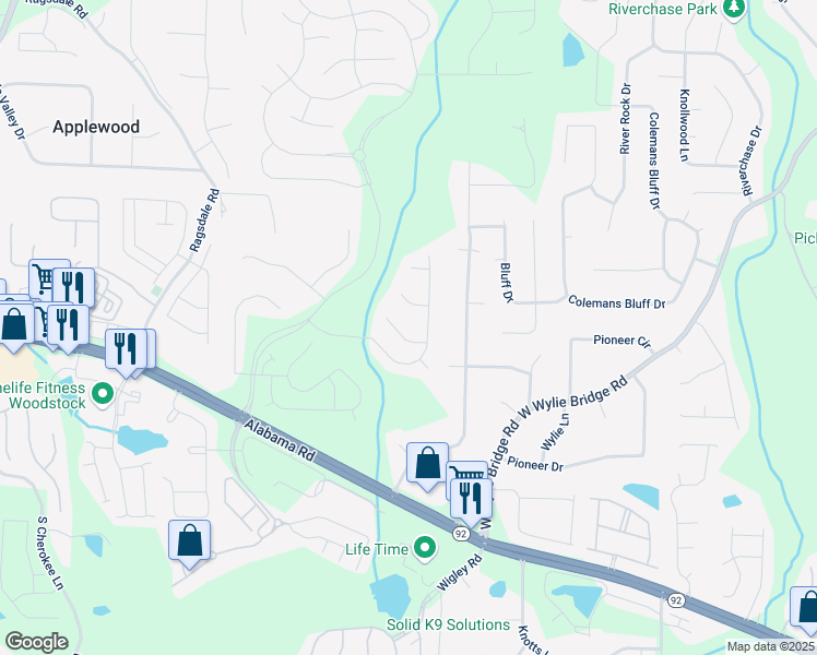 map of restaurants, bars, coffee shops, grocery stores, and more near 137 Churchcliff Drive in Woodstock