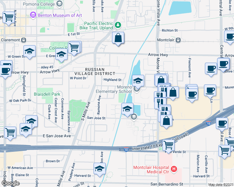 map of restaurants, bars, coffee shops, grocery stores, and more near 9187 Felipe Avenue in Montclair