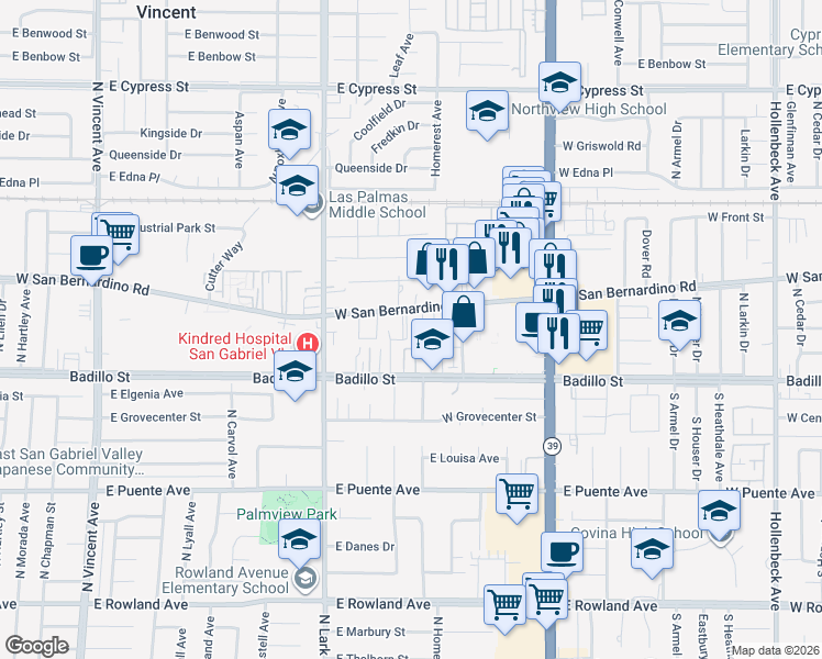 map of restaurants, bars, coffee shops, grocery stores, and more near 1143 West Badillo Street in Covina