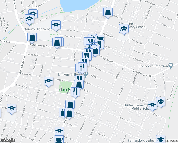 map of restaurants, bars, coffee shops, grocery stores, and more near 11616 Mulhall Street in El Monte