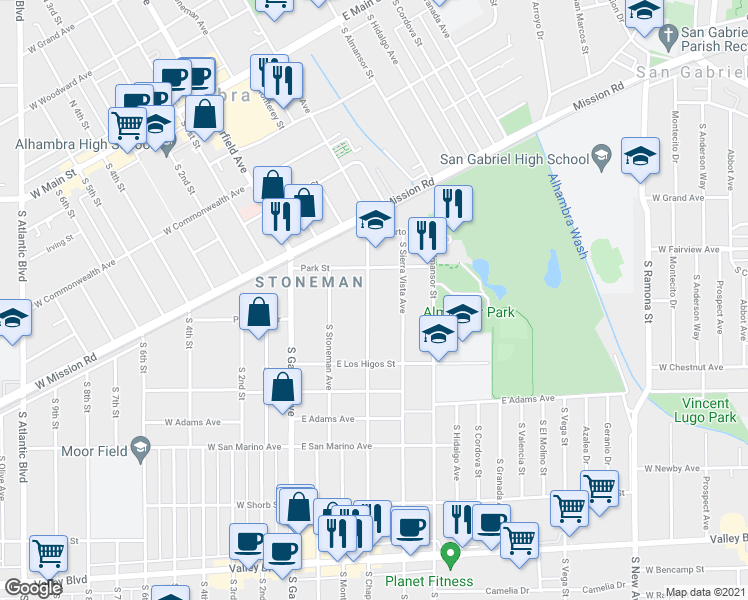 map of restaurants, bars, coffee shops, grocery stores, and more near 743 South Sierra Vista Avenue in Alhambra