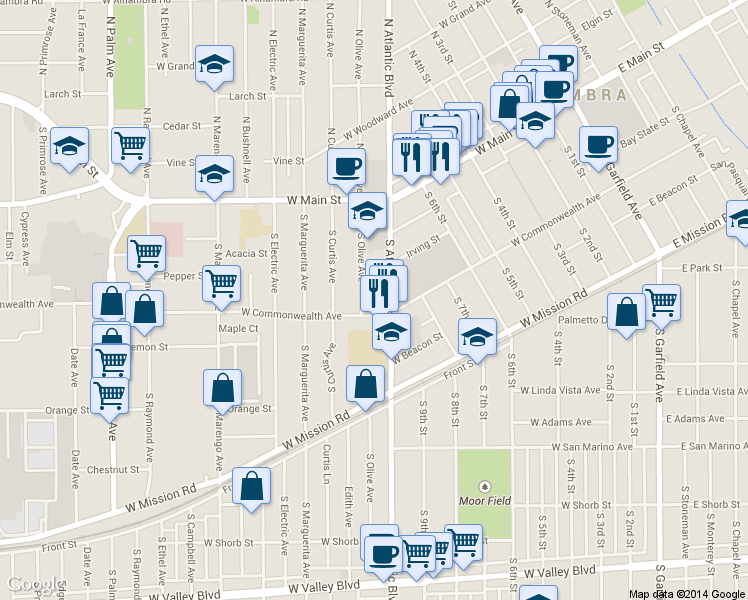 map of restaurants, bars, coffee shops, grocery stores, and more near 1157 West Commonwealth Avenue in Alhambra