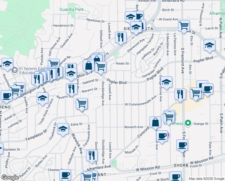 map of restaurants, bars, coffee shops, grocery stores, and more near 3539 Lowell Avenue in Los Angeles