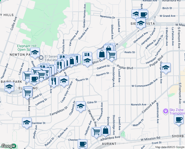 map of restaurants, bars, coffee shops, grocery stores, and more near 5302 Navarro Street in Los Angeles