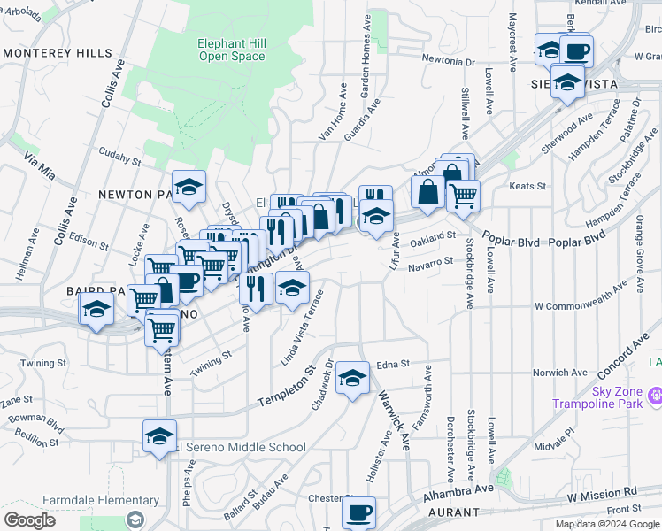 map of restaurants, bars, coffee shops, grocery stores, and more near 5147 Navarro Street in Los Angeles