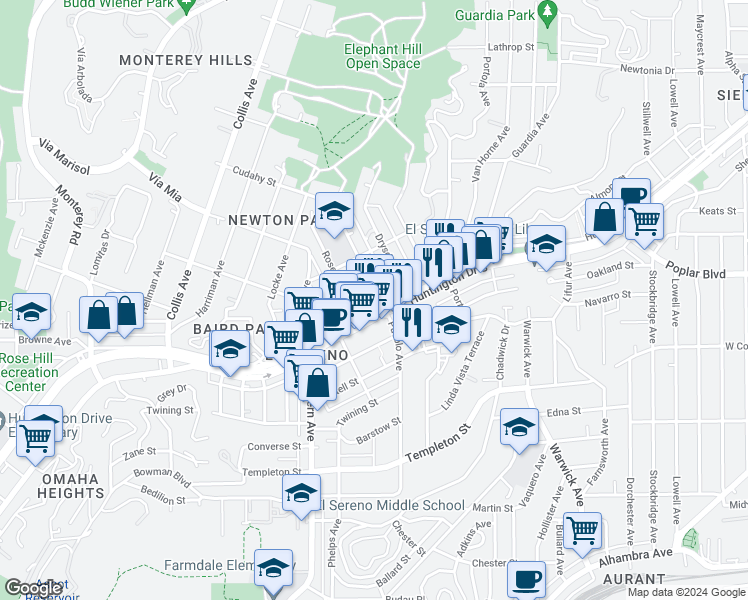 map of restaurants, bars, coffee shops, grocery stores, and more near 3714 Rosemead Avenue in Los Angeles