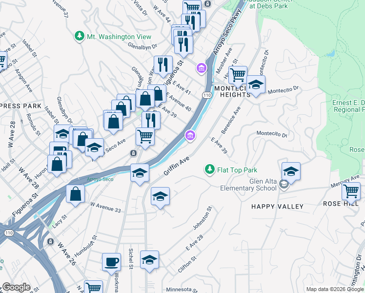 map of restaurants, bars, coffee shops, grocery stores, and more near 3800 Homer Street in Los Angeles