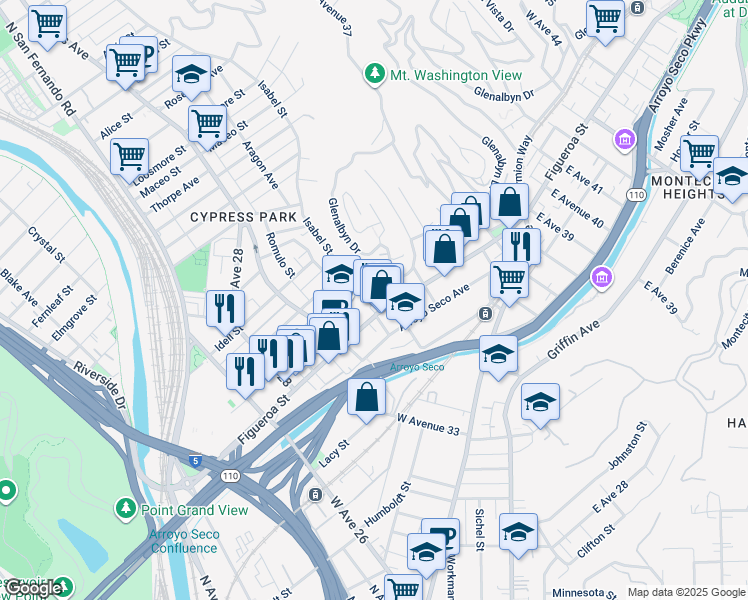 map of restaurants, bars, coffee shops, grocery stores, and more near 3401 North Figueroa Street in Los Angeles