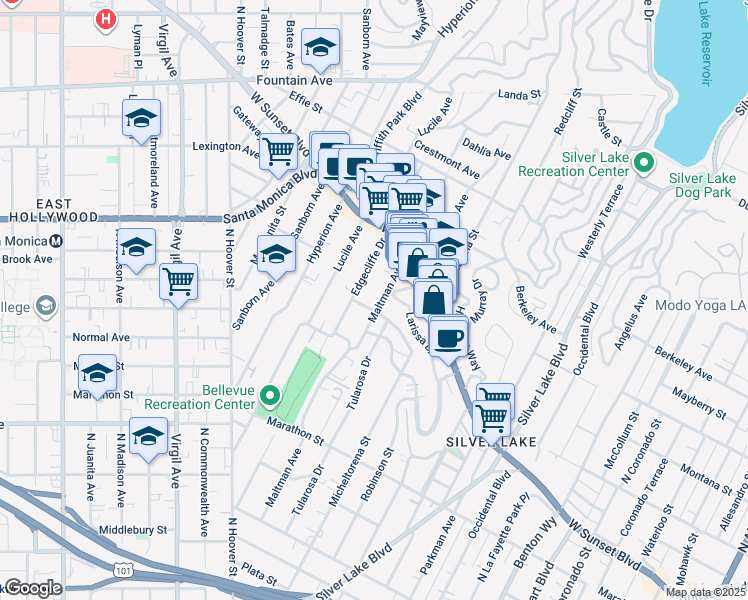 map of restaurants, bars, coffee shops, grocery stores, and more near 3459 Winslow Drive in Los Angeles