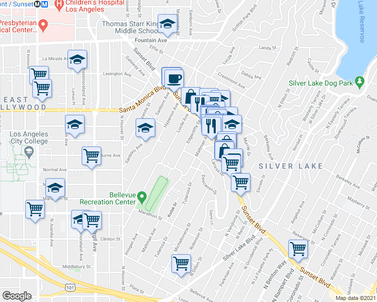 map of restaurants, bars, coffee shops, grocery stores, and more near 1332 Edgecliffe Drive in Los Angeles