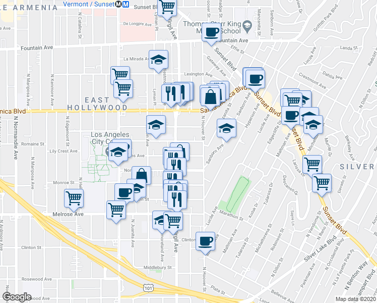 map of restaurants, bars, coffee shops, grocery stores, and more near 4226 Burns Avenue in Los Angeles