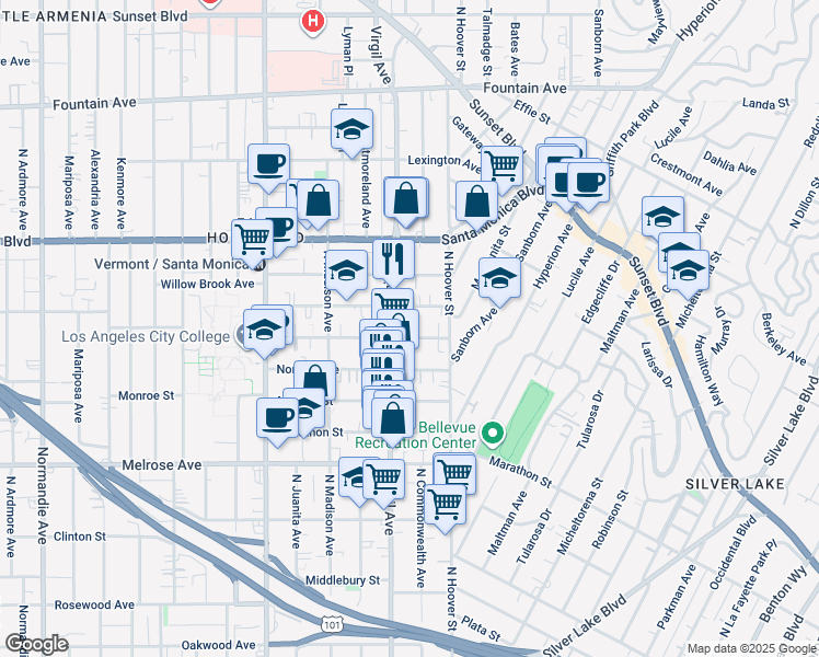 map of restaurants, bars, coffee shops, grocery stores, and more near 4226 Burns Avenue in Los Angeles