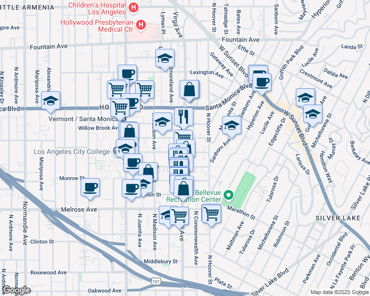 map of restaurants, bars, coffee shops, grocery stores, and more near 4310 Burns Avenue in Los Angeles