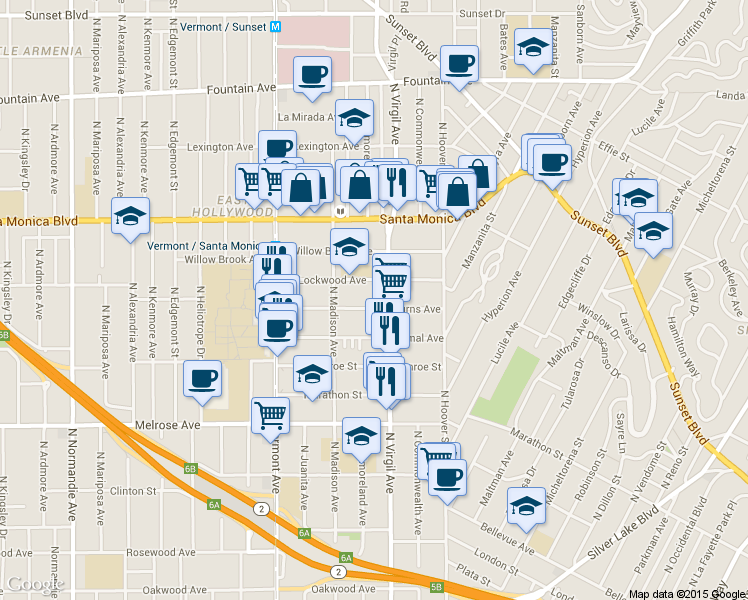 map of restaurants, bars, coffee shops, grocery stores, and more near 4310 Burns Avenue in Los Angeles