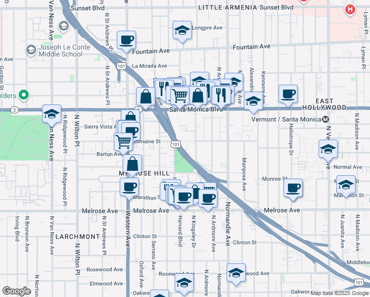 map of restaurants, bars, coffee shops, grocery stores, and more near 941 North Kingsley Drive in Los Angeles