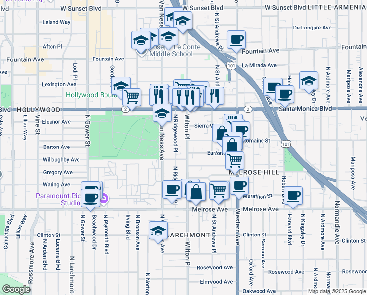 map of restaurants, bars, coffee shops, grocery stores, and more near in Los Angeles