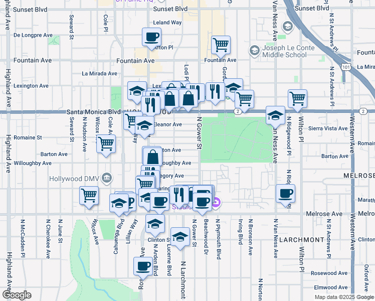 map of restaurants, bars, coffee shops, grocery stores, and more near 5819 Willoughby Avenue in Los Angeles