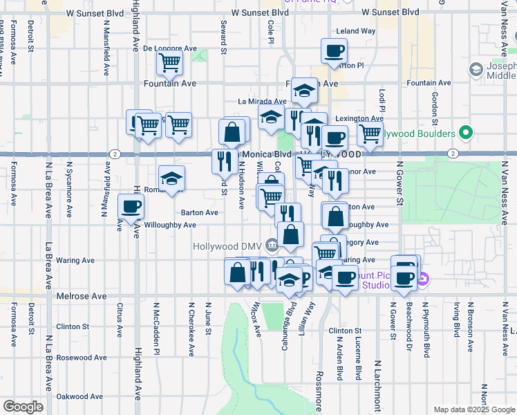 map of restaurants, bars, coffee shops, grocery stores, and more near 912 Wilcox Avenue in Los Angeles