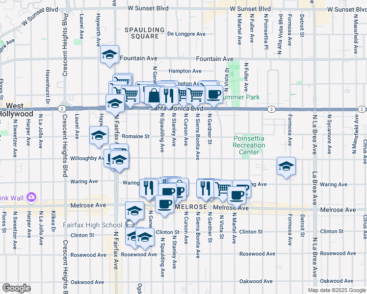 map of restaurants, bars, coffee shops, grocery stores, and more near 912 North Stanley Avenue in West Hollywood