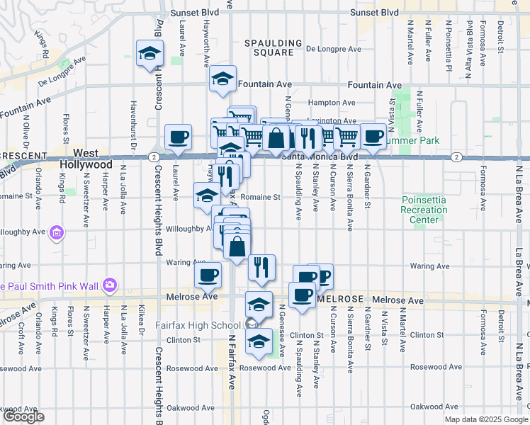 map of restaurants, bars, coffee shops, grocery stores, and more near 910 North Ogden Drive in West Hollywood
