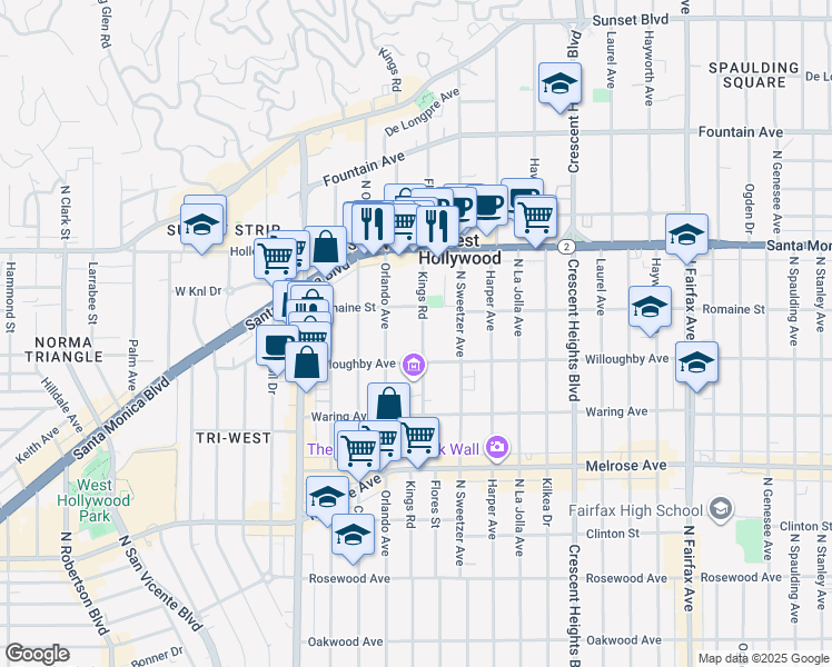 map of restaurants, bars, coffee shops, grocery stores, and more near 918 North Orlando Avenue in Los Angeles