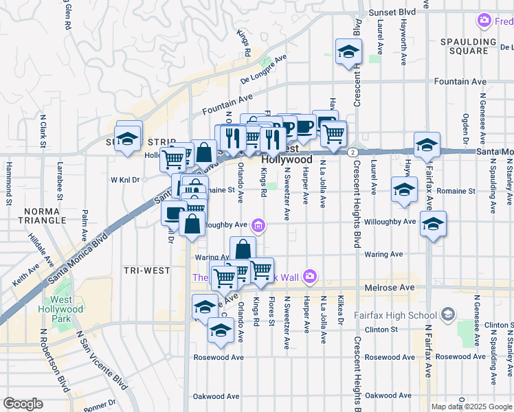 map of restaurants, bars, coffee shops, grocery stores, and more near 918 North Orlando Avenue in Los Angeles