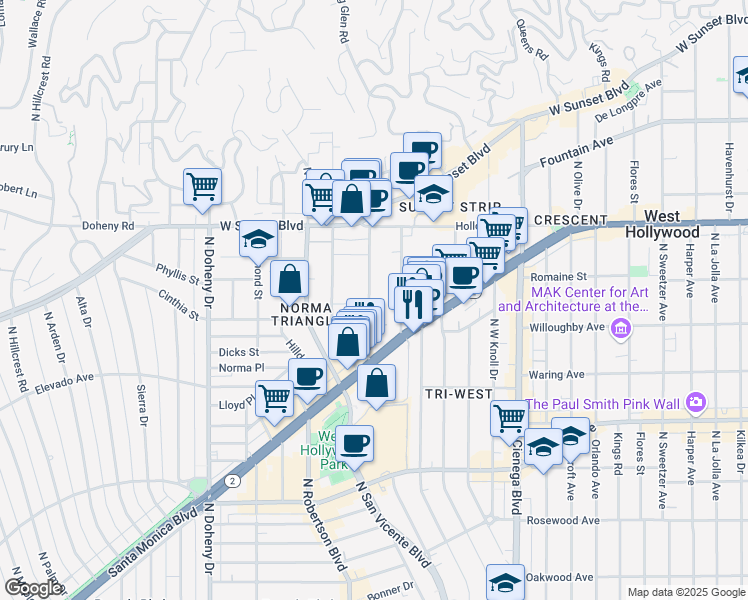 map of restaurants, bars, coffee shops, grocery stores, and more near 909 Palm Avenue in West Hollywood